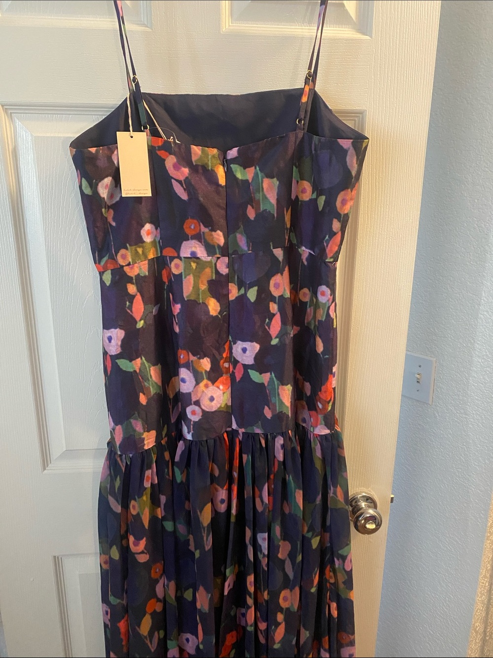 Hutch Navy Floral Spaghetti Strap Gown with Drop Waist and Chiffon Skirt NWT 10 - Picture 4 of 7